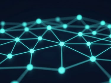 Abstract 3D render of glowing teal network nodes connected by fine lines, dark navy background, macro depth of field, high-contrast terminal aesthetic
