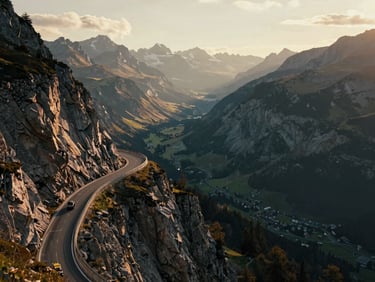 Cinematic shot of the French Alps, a high-altitude road hugging a steep cliffside with sweeping views of the valley below.