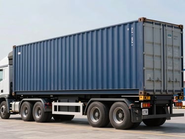 Large shipping container being loaded onto a heavy-duty truck at a modern port, clear daylight, focus on the container's robust structure and secure loading.