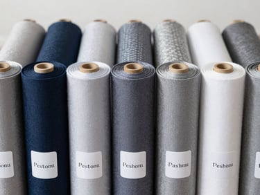 Neatly organized rolls of various premium textiles in a clean, brightly lit warehouse, labels visible, straight-on view, focus on texture.
