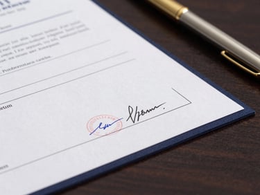 Close-up of a customs document with official stamps and signatures on a dark, polished desk, subtle gold pen resting beside it, crisp studio lighting.