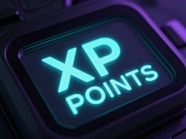 Sleek glass-textured interface showing digital XP points counter, glowing neon cyan numbers on a dark reflective screen, tech aesthetic.