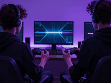 Two players sitting side-by-side in low-key ambient purple light, silhouettes holding controllers, focusing on the glowing console LEDs in the background.