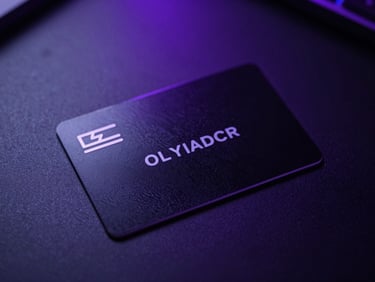 Close up of a premium glass-textured loyalty card resting on a matte black metal surface, glowing neon purple ambient light.