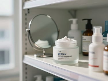 A moisturizer jar placed beside a small mirror on a pharmacy shelf, morning window light from the side, honest product display without staging