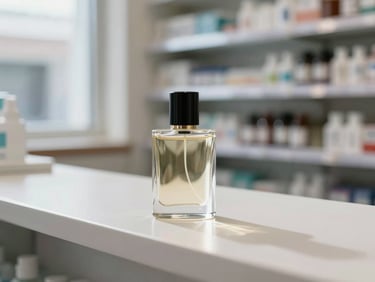 Close-up of a perfume bottle resting on a pharmacy counter in natural daylight, clean white surface, soft window light from the left, no styling props