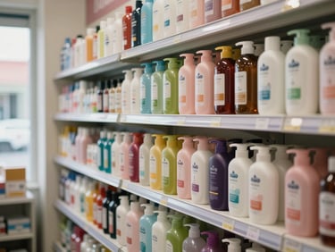Organized shelf section showing shampoo and conditioner bottles at eye level inside a pharmacy, natural daylight from a nearby window, clean and uncluttered background