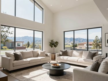 Bright modern living room interior with high ceilings, large windows letting in natural daylight, clean minimalist furniture, 35mm.