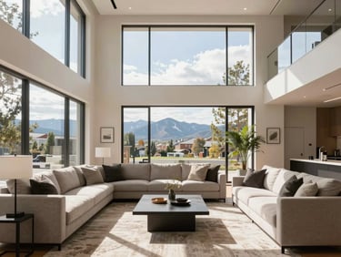 Stunning modern living room in Denver, high ceilings, warm natural daylight, elegant minimalist styling