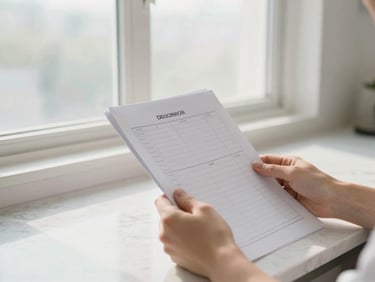 Hands holding planning worksheets on a clean marble counter, soft morning window light, pale blue and warm white tones, clean minimalist composition, 35mm lens
