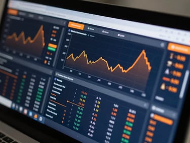 Macro shot of a high-tech dashboard displaying e-commerce analytics, glowing screens, sharp focus on data charts, professional corporate tech aesthetic, 35mm