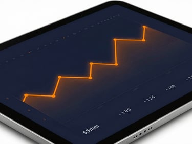 Close-up of a high-end tablet displaying complex logistics charts, glowing orange lines, dark navy background, crisp studio lighting, 35mm