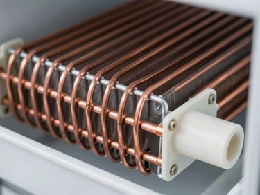 Macro close-up of a refrigerator copper condenser coil, bright utility lighting, clean focus on technical components