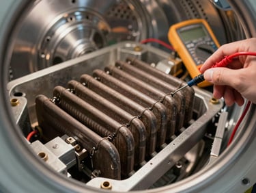 Close-up of a dryer heating element assembly with a multi-meter testing a thermal fuse, bright utility lighting