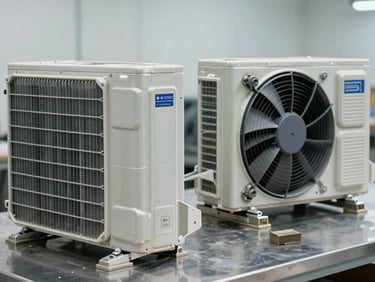 Wide-angle view of a disassembled window air conditioner on a clean metal workbench, highlighting the aluminum evaporator coils and fan assembly under bright utility lighting.
