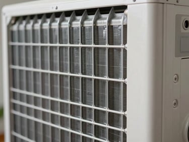 Close-up of clean aluminum evaporator coils on a room air conditioner, bright utility lighting