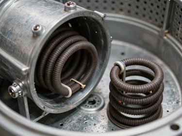 Close-up of a broken coiled heating element inside a metal dryer duct assembly next to an intact replacement coil, high clarity utility lighting.