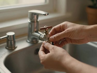 Close-up of hands checking a water valve under a sink, warm natural light, shallow depth of field, 35mm.