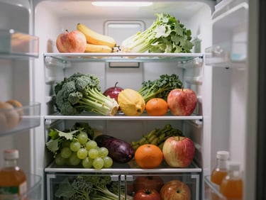 Neatly arranged groceries in a high-end refrigerator, fresh produce, soft morning light, rich muted earth tones, shallow depth of field, 35mm.