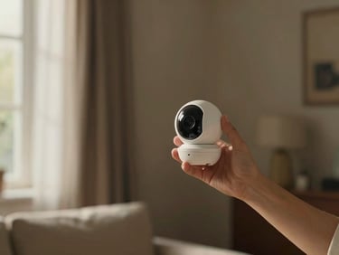 Close-up of a hand setting up a small, discreet security camera in a corner of a high-end living room, warm natural light, shallow depth of field, 35mm.