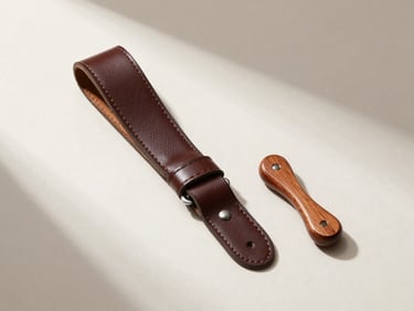 Premium leather guitar strap and wooden tuner on a clean off-white studio surface, soft shadows
