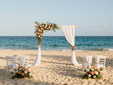 A beautiful outdoor wedding setup on a tropical beach at golden hour, warm shadows, crisp details