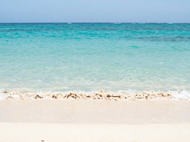 A sun-drenched minimalist beach setup with turquoise water, high-key natural light, 35mm lens feel