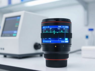A clean clinical laboratory with a glowing blue digital overlay showing real-time telemetry graphs, 35mm lens