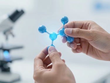 Close-up of hands manipulating a glowing holographic molecular structure, sharp focus, technical blue ambient light