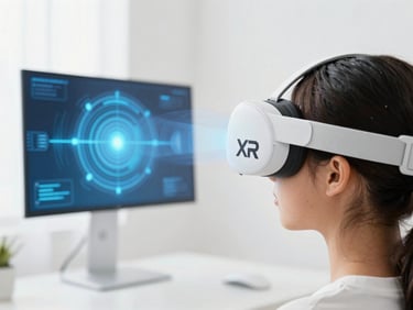 Over-the-shoulder shot of a student wearing a sleek white XR headset looking at a floating 3D engine simulation, bright daylight