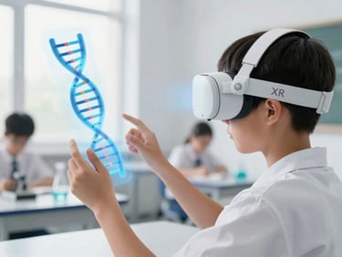 Over-the-shoulder shot of a student wearing a modern white XR headset, interacting with a glowing blue holographic DNA strand floating in a bright, clean, sunlit science classroom. Clean editorial photography, 35mm lens, sharp focus.