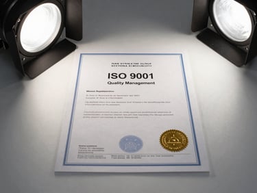 ISO 9001 quality management certificate document flat lay on white surface under studio light, official seal visible, clean overhead shot