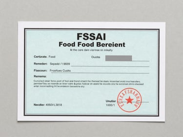 FSSAI food safety license certificate flat on neutral background under bright daylight, registration number legible, overhead product documentation style