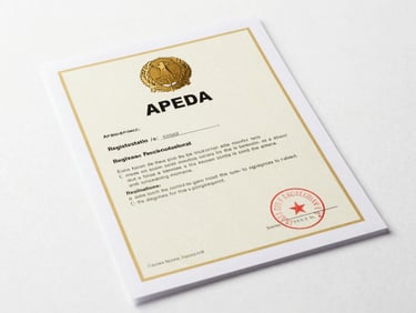 APEDA registration certificate document on white surface under studio strobe, official government seal clearly visible, clean catalog-style overhead shot