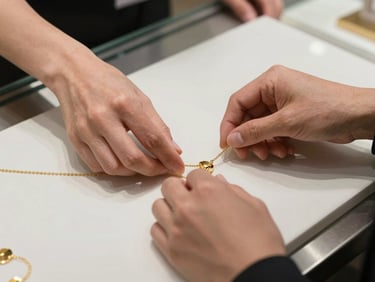 Close-up of hands placing a gold necklace onto a clean retail counter, bright studio daylight, overhead angle, stainless surface visible