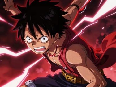 Dynamic anime close-up of Luffy in Gear 5 with lightning effects, high-contrast dramatic neon lighting, deep shadows, vibrant crimson accents, sharp digital illustration.