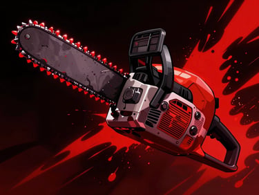 High-contrast digital illustration of a dark chainsaw weapon, neon red blood splatters, deep shadows, sharp digital illustration.