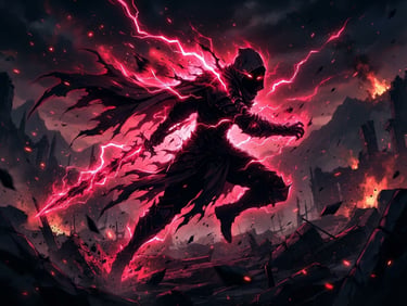Dramatic anime illustration, neon red energy crackling around a dark silhouette, high contrast shadows, intense supernatural battle vibes