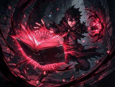 High-contrast anime key art, dark magical grimoire glowing with crimson light, deep shadows, dramatic shonen composition