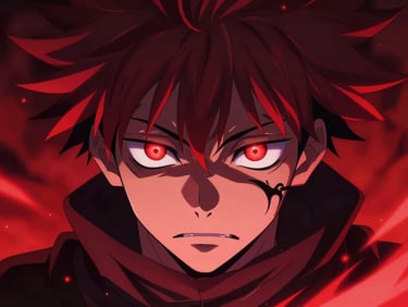 Dynamic anime close-up of Sukuna with glowing red eyes, high-contrast neon lighting, deep shadows, vibrant crimson accents, sharp digital illustration.