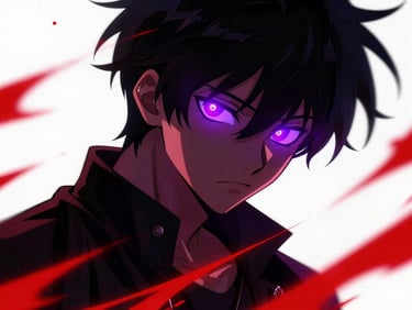 Dynamic anime illustration of Jinwoo with glowing purple eyes, dark shadows, high-contrast neon highlights, sharp digital illustration.