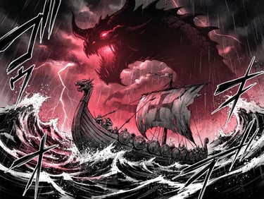 Dynamic manga style illustration, high-contrast black and white with deep red highlights, showing a giant shadow looming over a viking ship in a stormy sea