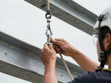 Close-up overhead of rope technician hands rigging anchor point on steel beam, safety equipment detail visible, bright north-facing daylight, documentary framing