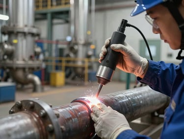 NDT inspector applying ultrasonic probe to industrial pipe weld in a refinery environment, studio-bright lighting, tight close-up on equipment contact point