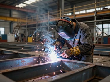 Boilermaker welding steel structure in an industrial yard, face shield down, bright arc flash visible, wide shot showing fabrication scaffolding in background