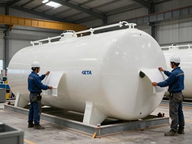 Fiberglass ETA water treatment tank assembly in progress, workers in hard hats positioning a curved panel section, bright studio-style industrial lighting, fabrication floor context