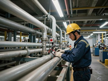 Electrician in PPE routing industrial conduit inside a process plant, overhead fluorescent and ambient daylight mix, wide environmental framing showing cable trays