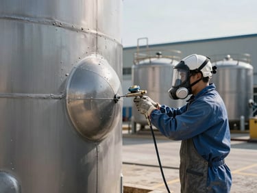 Industrial painter in respirator applying epoxy coating to a steel tank exterior via airless spray, wide environmental shot of industrial facility in daylight