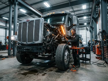 Low-angle powerful shot of a Class 8 semi-truck inside a highly lit diagnostic bay, cool steel tones with dramatic safety orange tool highlights, 35mm