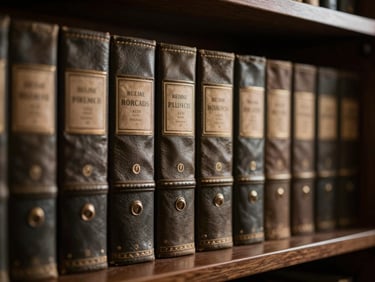 Close-up of a leather-bound legal archive volume on a dark wooden shelf, warm dramatic side-lighting, moody atmosphere